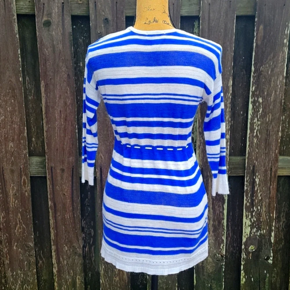 Motherhood Maternity Striped Babydoll Pointelle Sweater with Drawstring Tie
